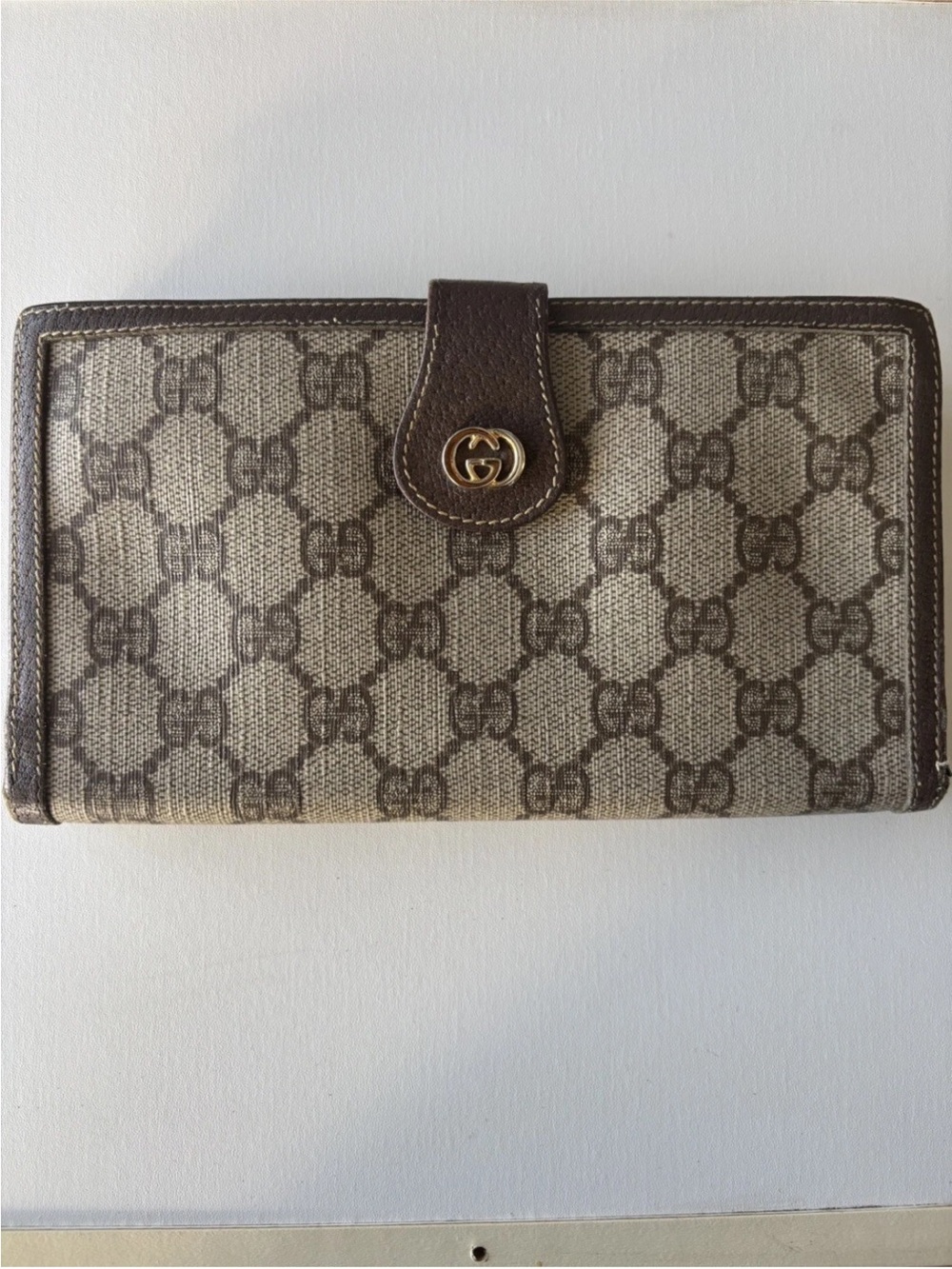 Gucci Beige Canvas Wallet with Brown Leather Trim and Gold GG